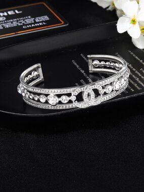Chanel Silver Open Cuff with Sparkling Crystals & Iconic CC
